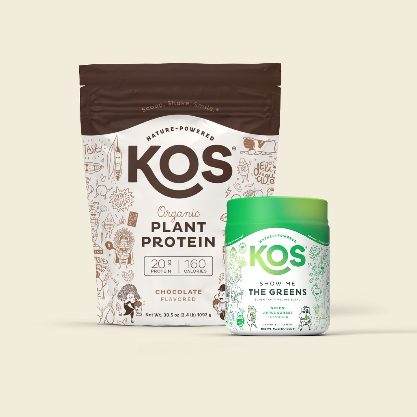 kos organic plant protein - chocolate - 28 servings & free gift - kos show me the greens!