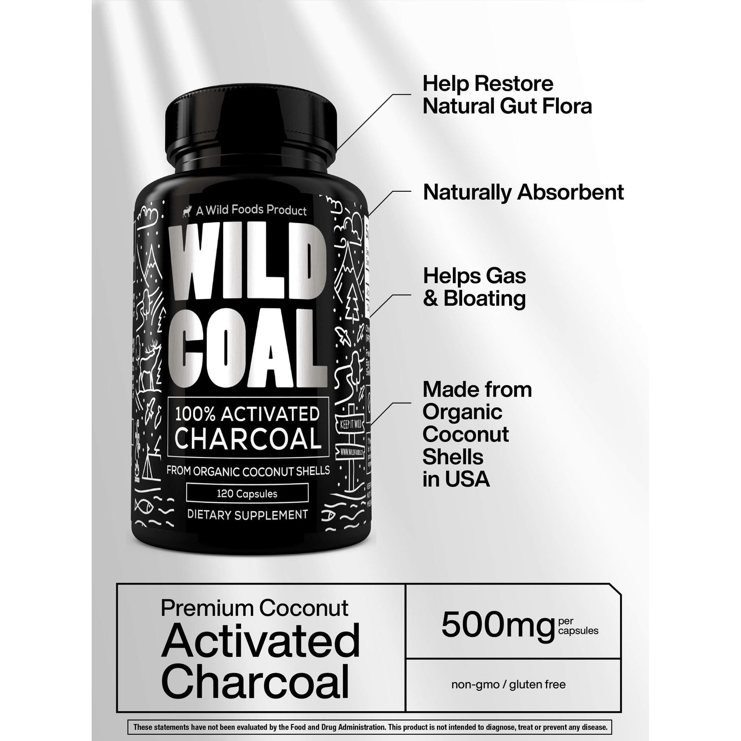 activated charcoal capsules made from 100% organic coconuts, 120ct