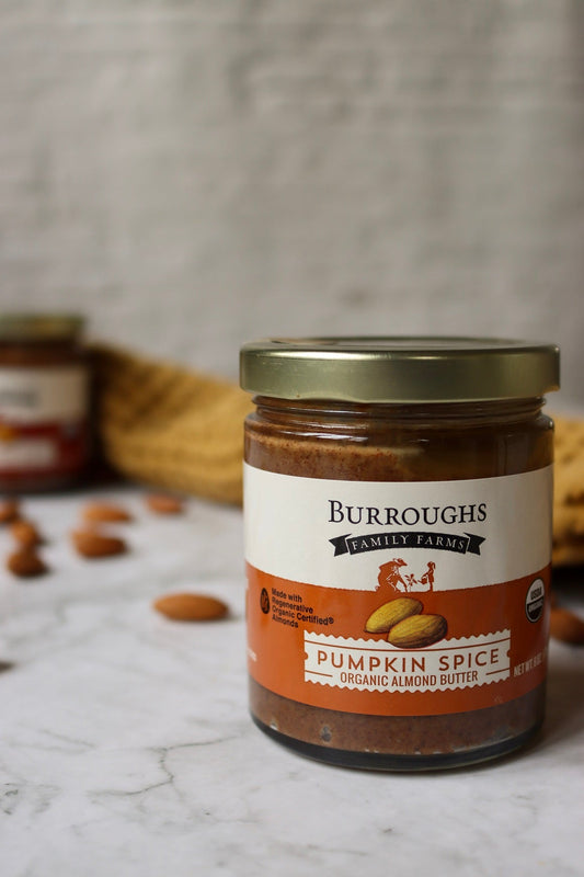 Organic Pumpkin Spice Almond Butter made with ROC Almonds by Burroughs Family Farms