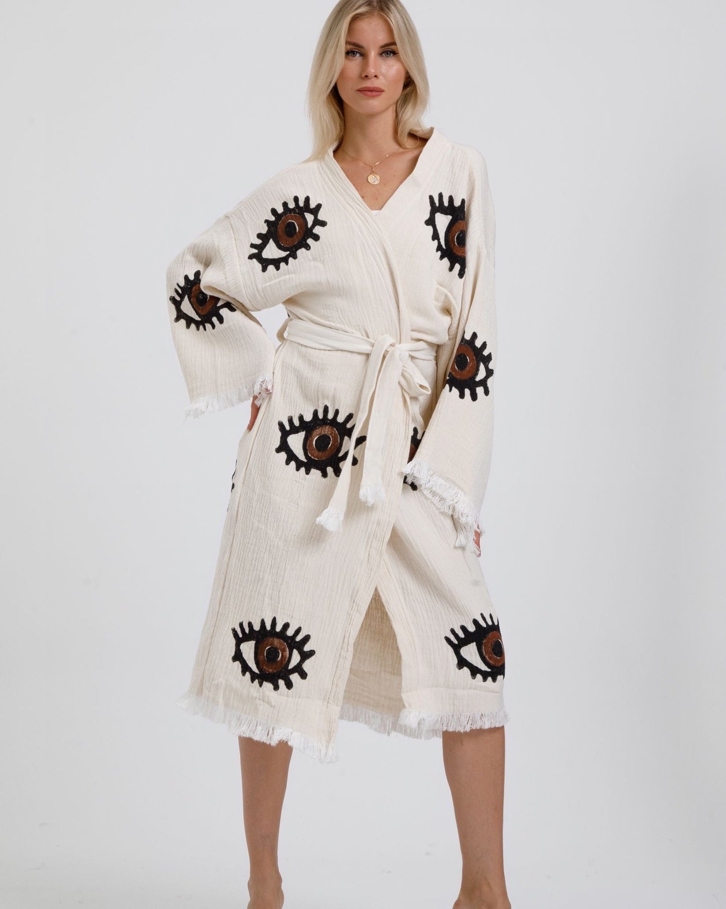 brown eye  kimono robe, lounge wear, beach wear, morning gown, dressing robe, house gown