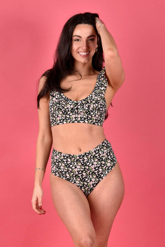 Heather Recycled Swim Ruffled Bikini Top in Sugar Pink Floral by Wear Love More