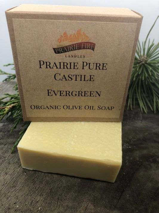 Evergreen Real Castile Organic Olive Oil Soap for Sensitive Skin - Dye Free - 100% Certified Organic Extra Virgin Olive Oil by Prairie Fire Tallow, Candles, and Lavender