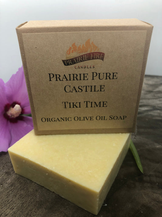 Tiki Time Real Castile Organic Olive Oil Soap for Sensitive Skin - Dye Free - 100% Certified Organic Extra Virgin Olive Oil by Prairie Fire Tallow, Candles, and Lavender