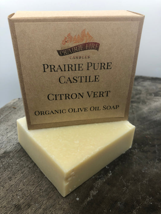 Citron Vert Real Castile Organic Olive Oil Soap for Sensitive Skin - Dye Free - 100% Certified Organic Extra Virgin Olive Oil by Prairie Fire Tallow, Candles, and Lavender
