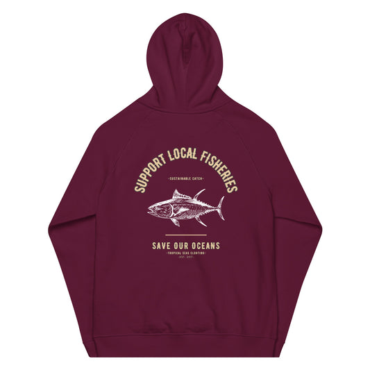 Men's Support Local Fisheries Tuna Eco Raglan Hoodie by Tropical Seas Clothing